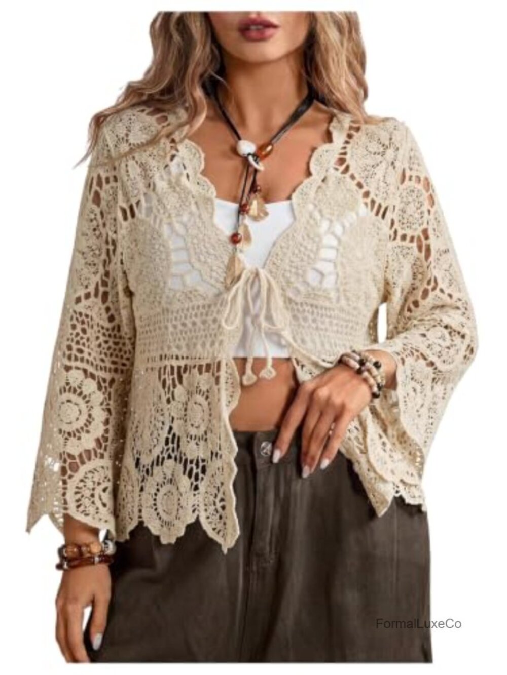 Plus Size Sheer Boho Crochet Cardigan, Lightweight Knit Kimono, Tie-Front Cover